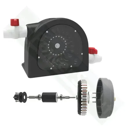 Black peristaltic pump with red and white connectors, with disassembled parts shown below.
