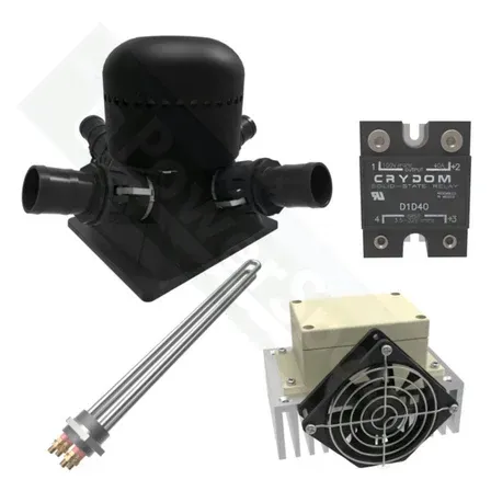 Components for an industrial system: valve, relay, immersion heater, and fan-cooled heatsink.