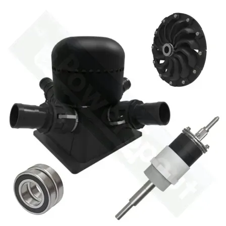 Black pool pump parts: wet end, impeller, seal kit, and bearing.