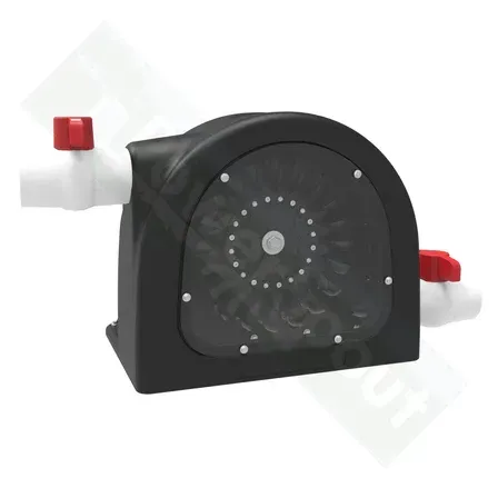 Black and white water pump with red valves and white pipes. The pump has a circular design element.