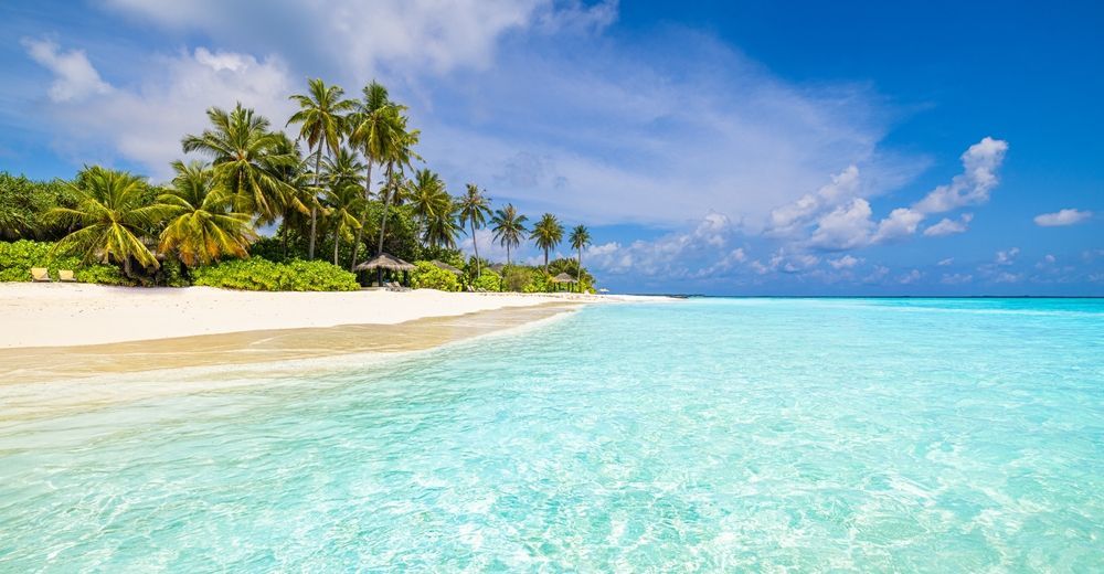 White sand beach, clear turquoise water, palm trees under a bright blue sky with wispy clouds.