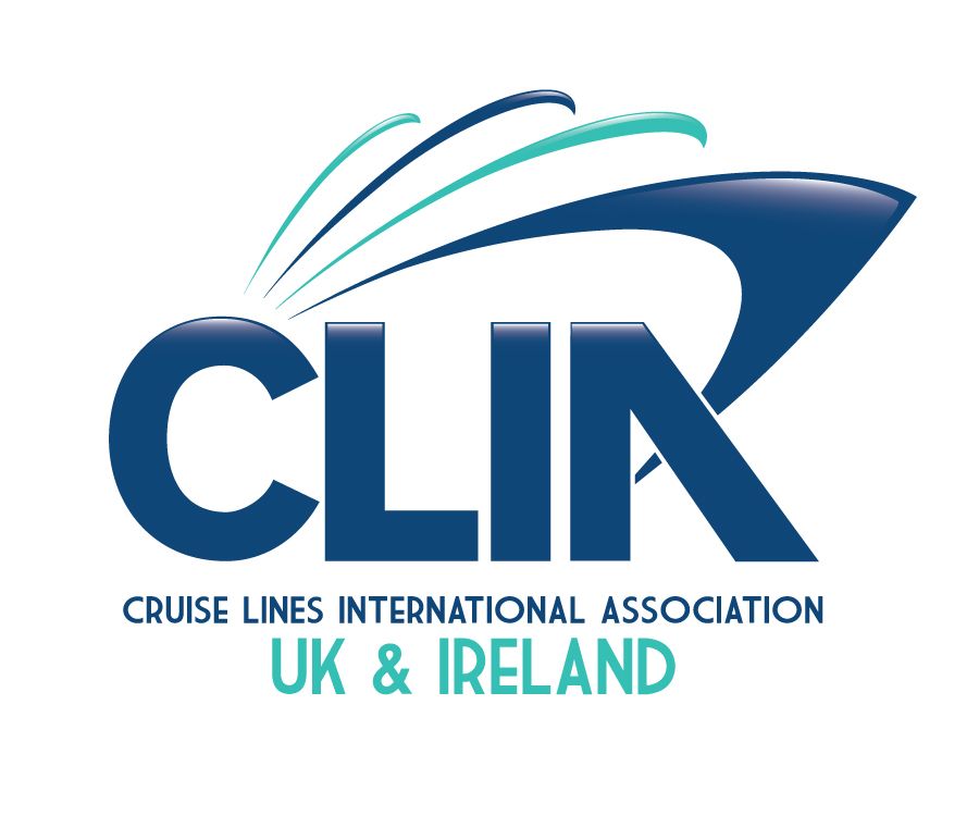 CLIA UK & Ireland logo: Blue text and curved design, with teal accents, suggesting a cruise ship.