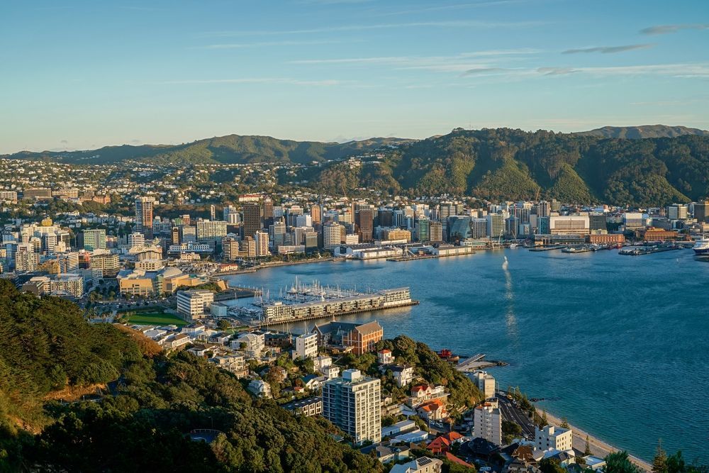 Cityscape of Wellington, New Zealand, overlooking a harbor with buildings, water, and hills under a clear sky.