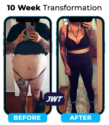 JWT Weight Loss female client before and after transformation showing body fat reduction, improved confidence, and results from simple nutrition coaching.