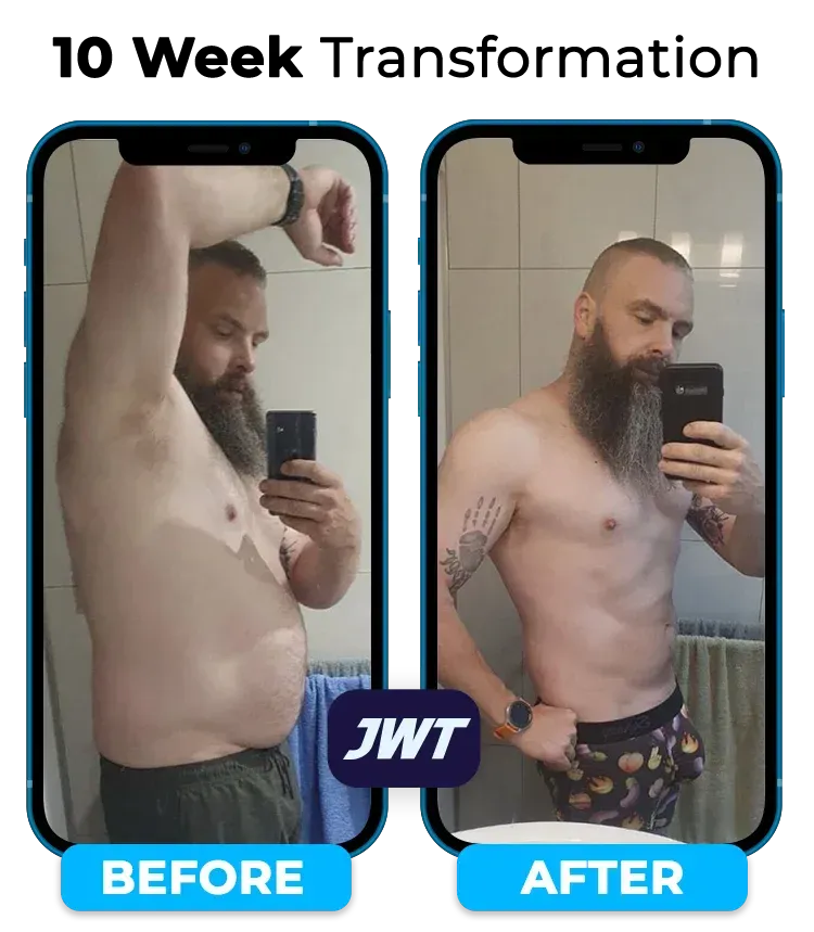 JWT Weight Loss male client before and after body transformation, significant fat loss and muscle definition achieved through personalised coaching.