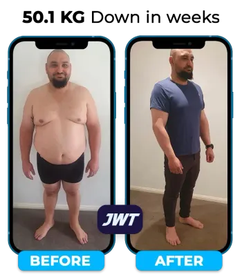 JWT Weight Loss male client body transformation before and after, significant fat loss and muscle definition achieved with nutrition and accountability coaching.