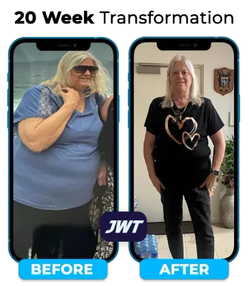 JWT Weight Loss older female client before and after photo showing weight loss, improved health, and sustainable results with personalized coaching