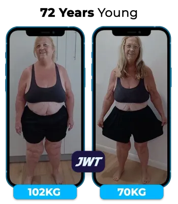 JWT Weight Loss older female client before and after transformation, showing significant fat loss, improved health, and sustainable results with coaching.