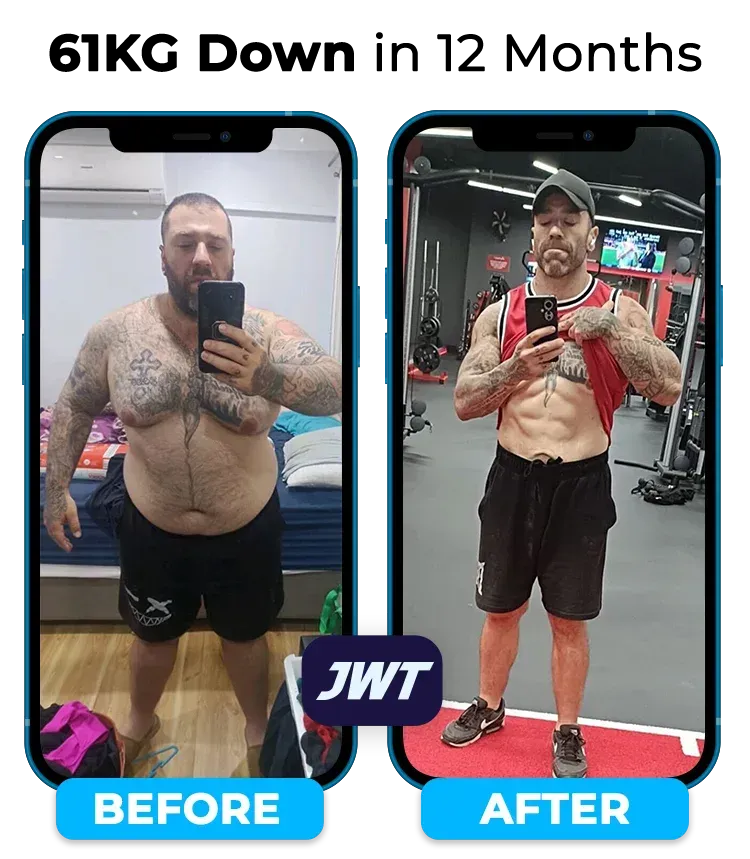 JWT Weight Loss male client before and after transformation with tattoos, dramatic fat loss and muscle definition achieved through structured training and meal plans.