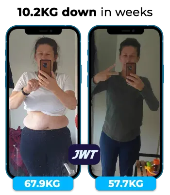 WT Weight Loss female client transformation before and after, showing reduced body fat and sustainable results from nutrition and accountability coaching.