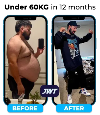 JWT Weight Loss male client before and after body transformation, significant fat loss and improved physique with personalized nutrition and training.