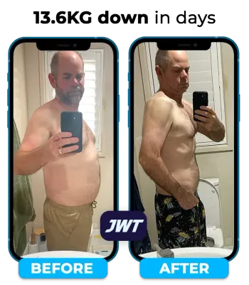 JWT Weight Loss client before and after photo showing fat loss, improved muscle tone, and body transformation with coaching program