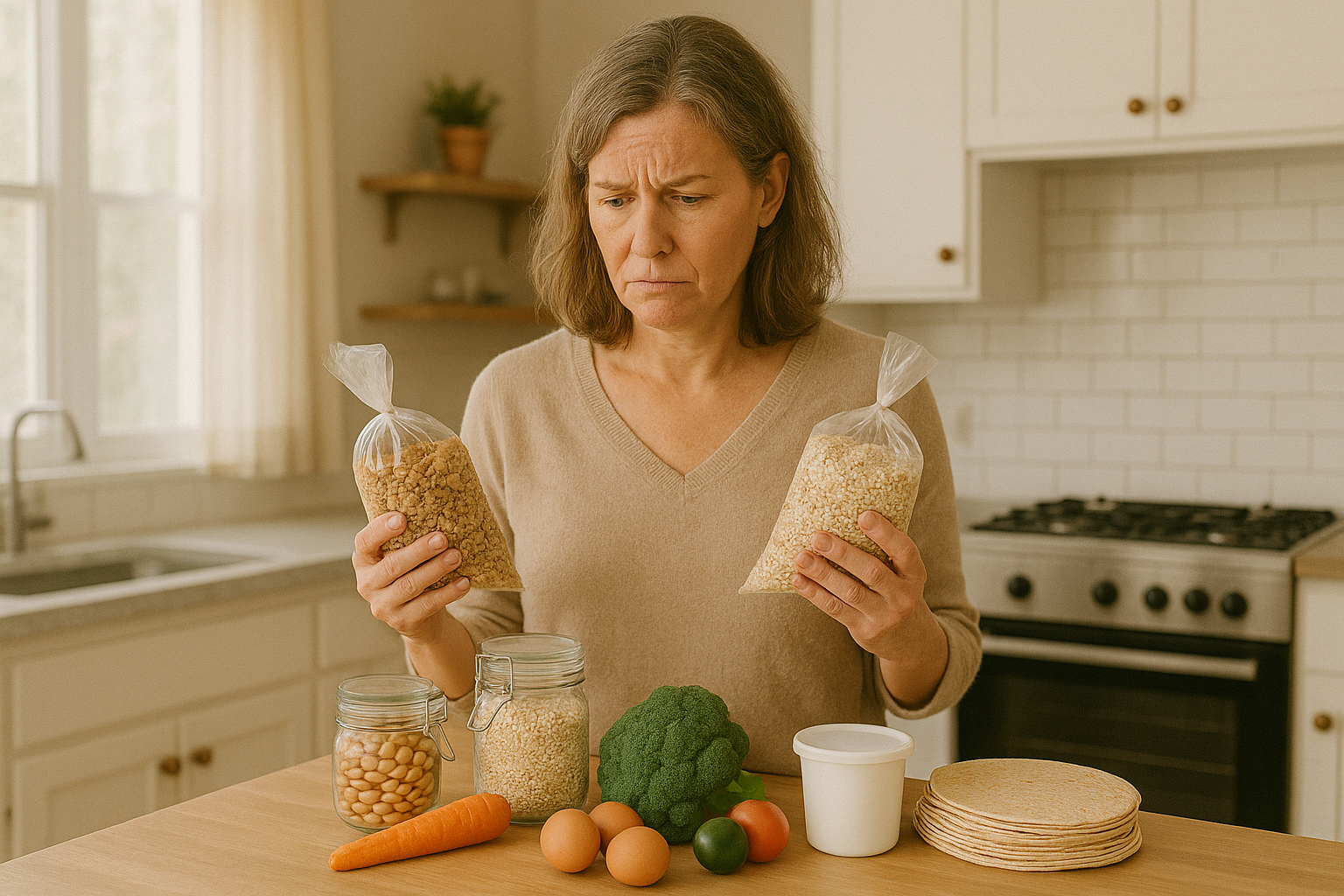 Woman in her 40s comparing budget food options in her kitchen, looking unsure about healthy choices.