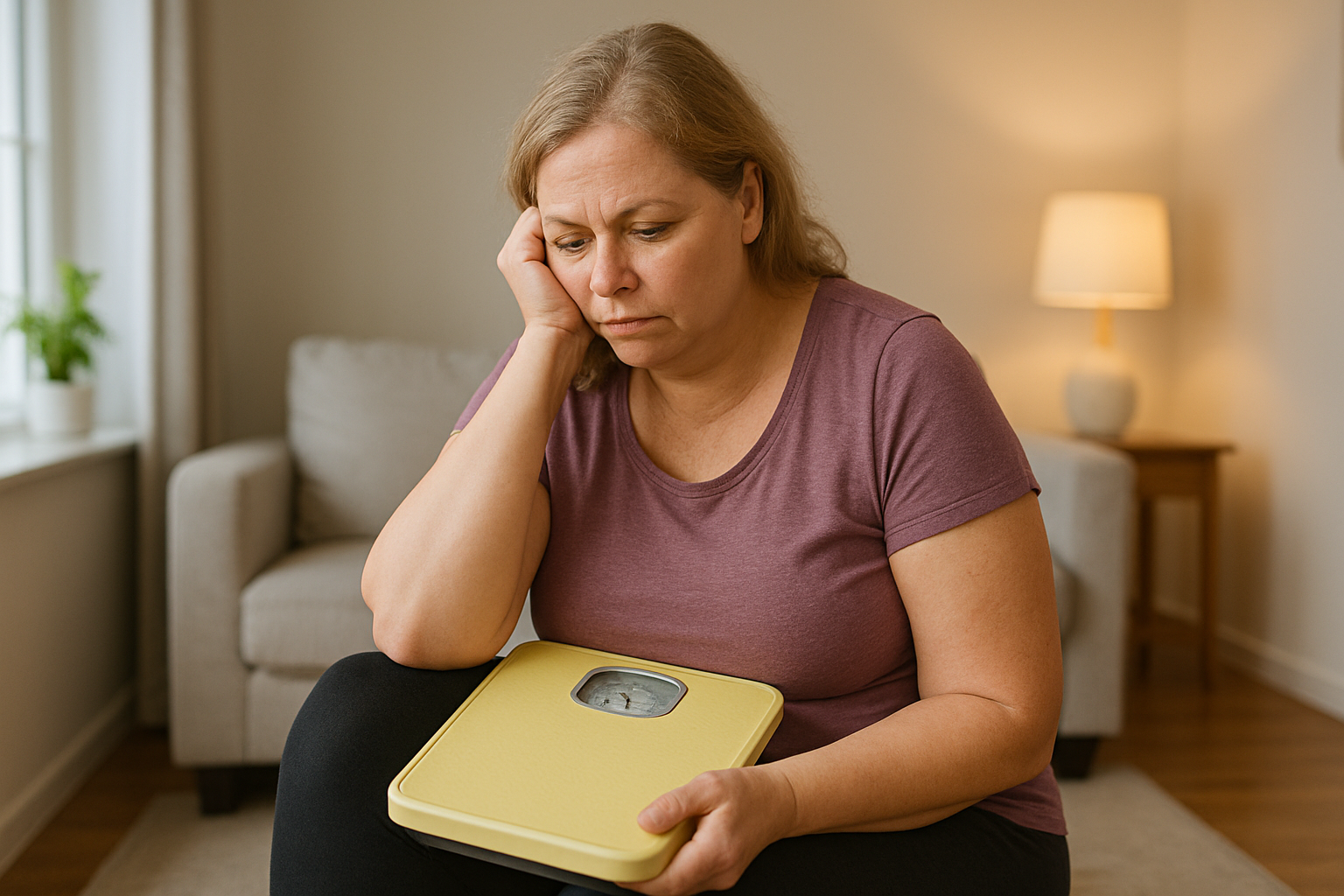 Midlife woman sitting in her living room holding a scale and looking discouraged, symbolising the ch