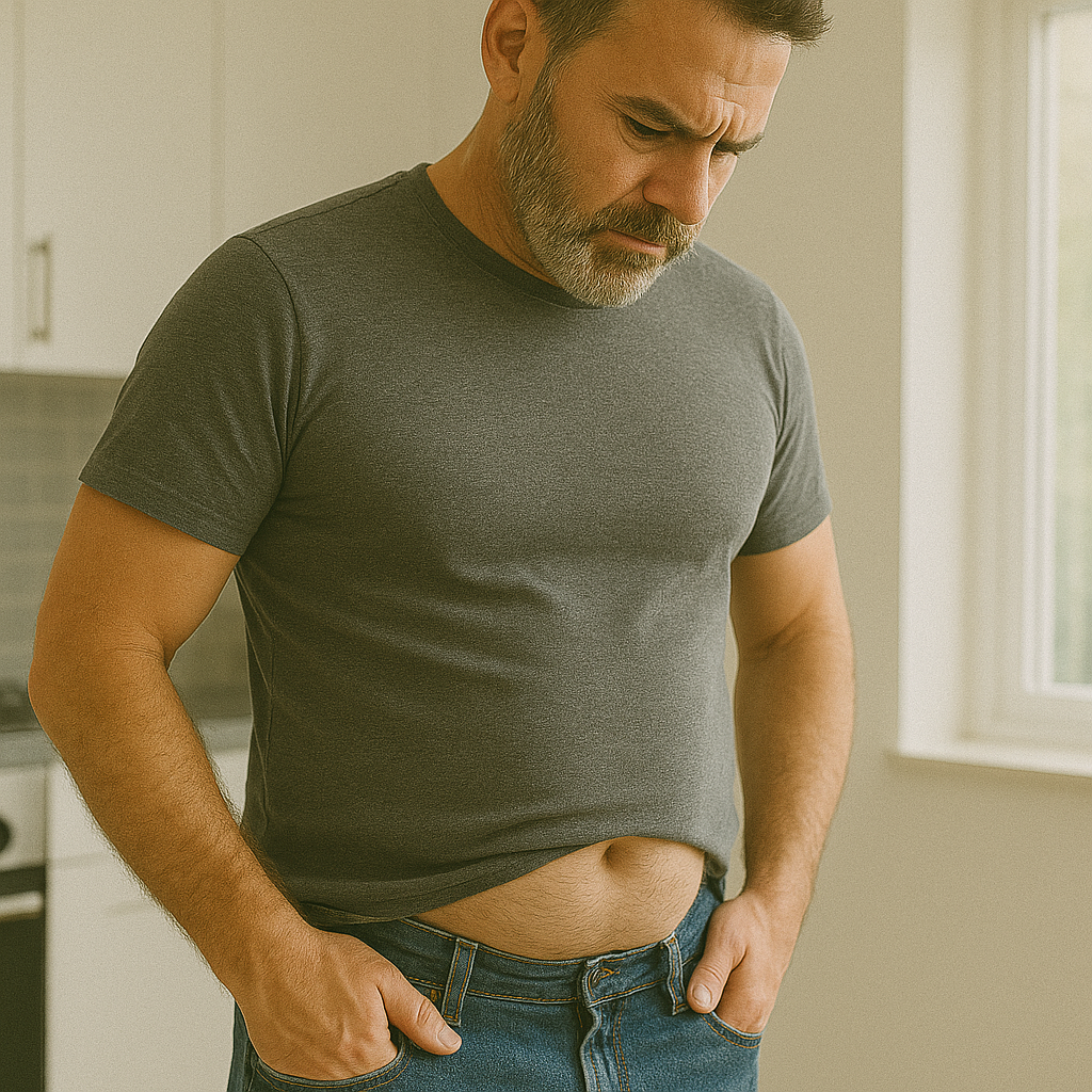 Man over 50 looking down at his stomach in a kitchen, concerned about belly fat and weight gain.