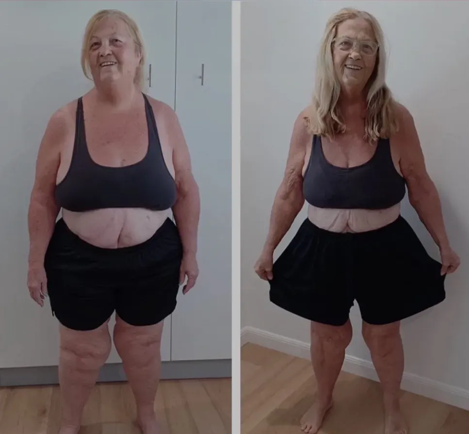 JWT Weight Loss older female client before and after transformation, showing significant fat loss, improved health, and sustainable results with coaching.