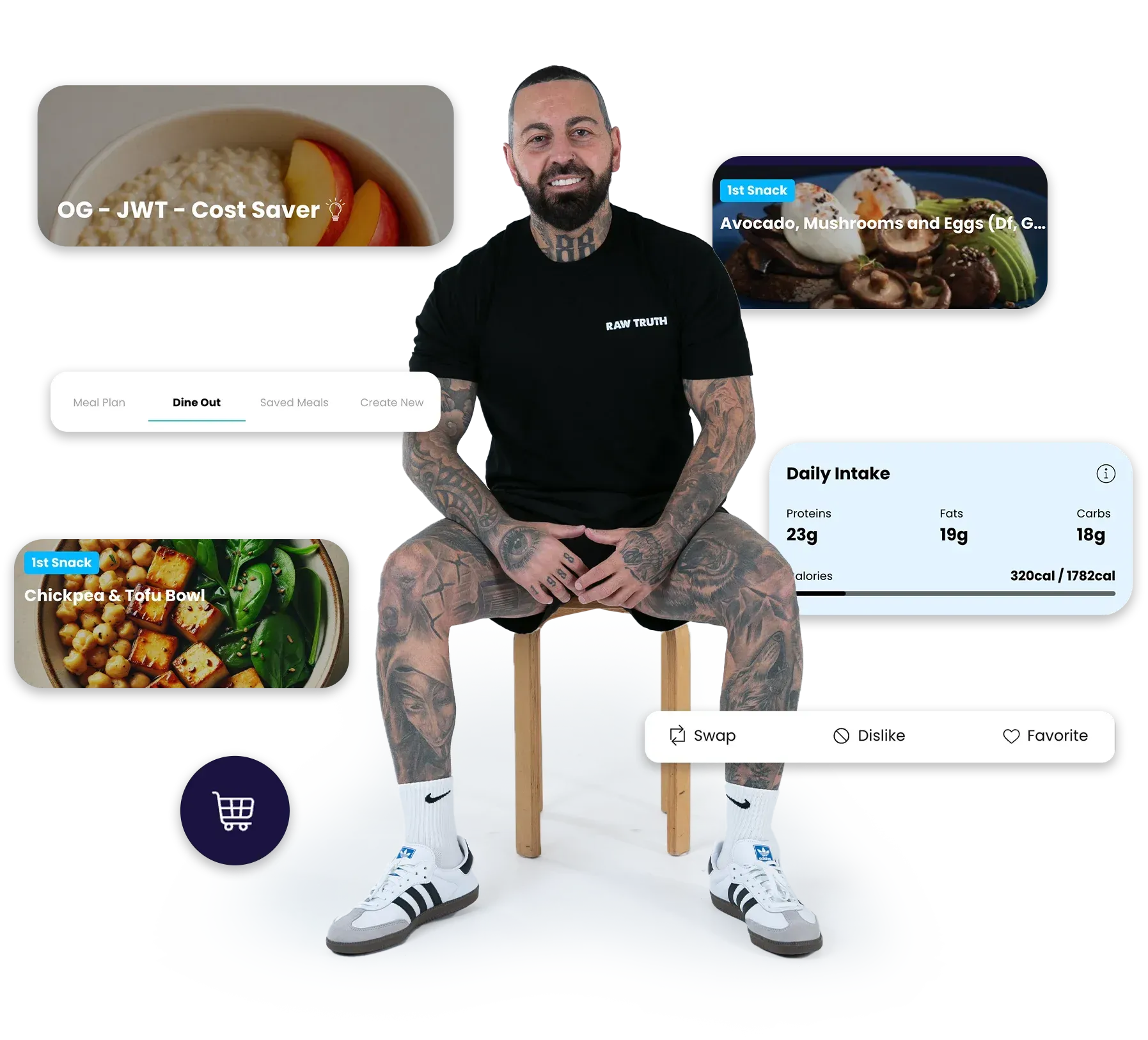 JWT Weight Loss nutrition app with customizable meal plans, cost saver options, daily calorie and protein tracking, and healthy food swaps.