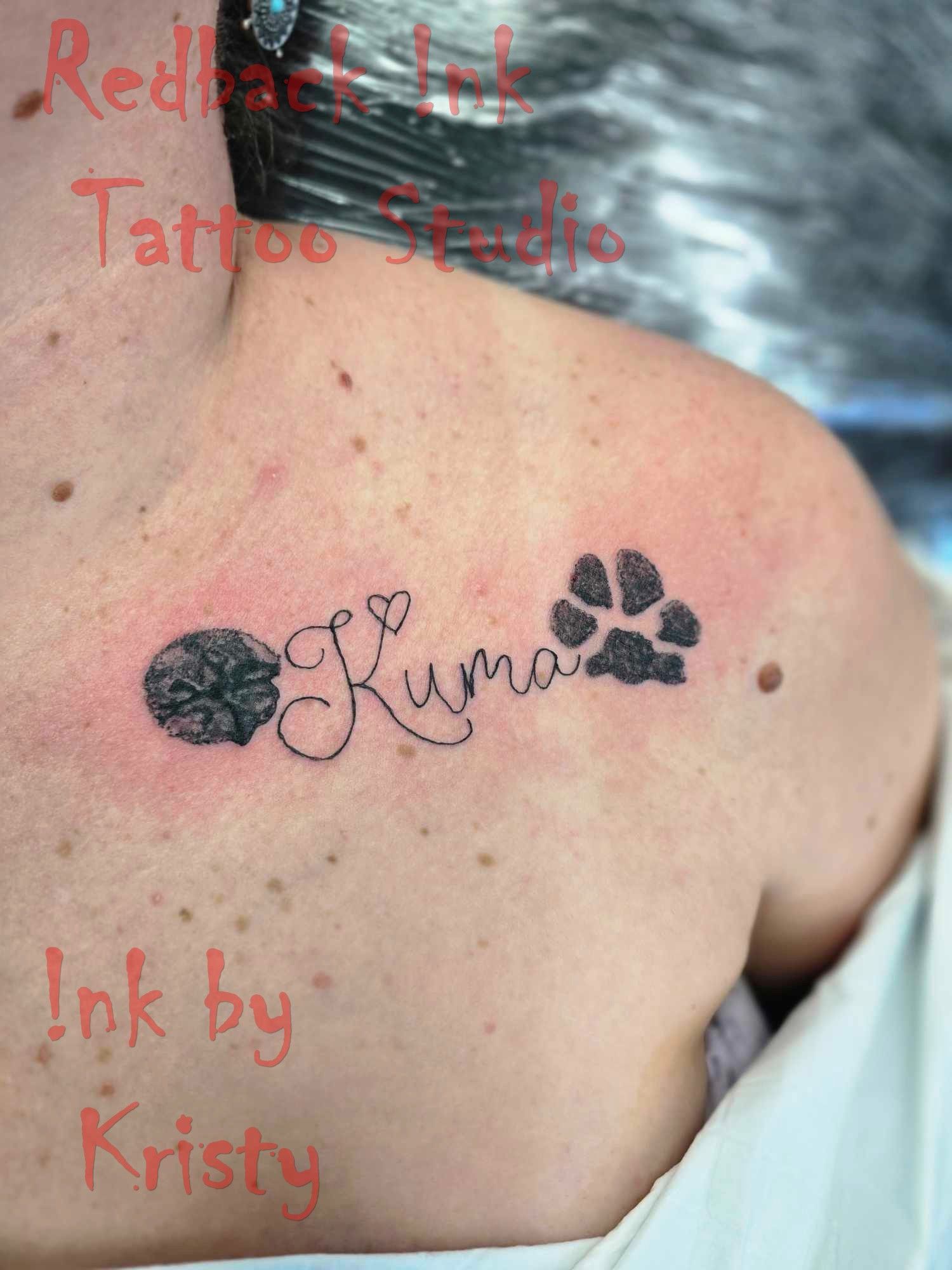 Tattoo of a Dog's Paw Print and Name — Redback !nk Tattoo Studio in Kawana, QLD