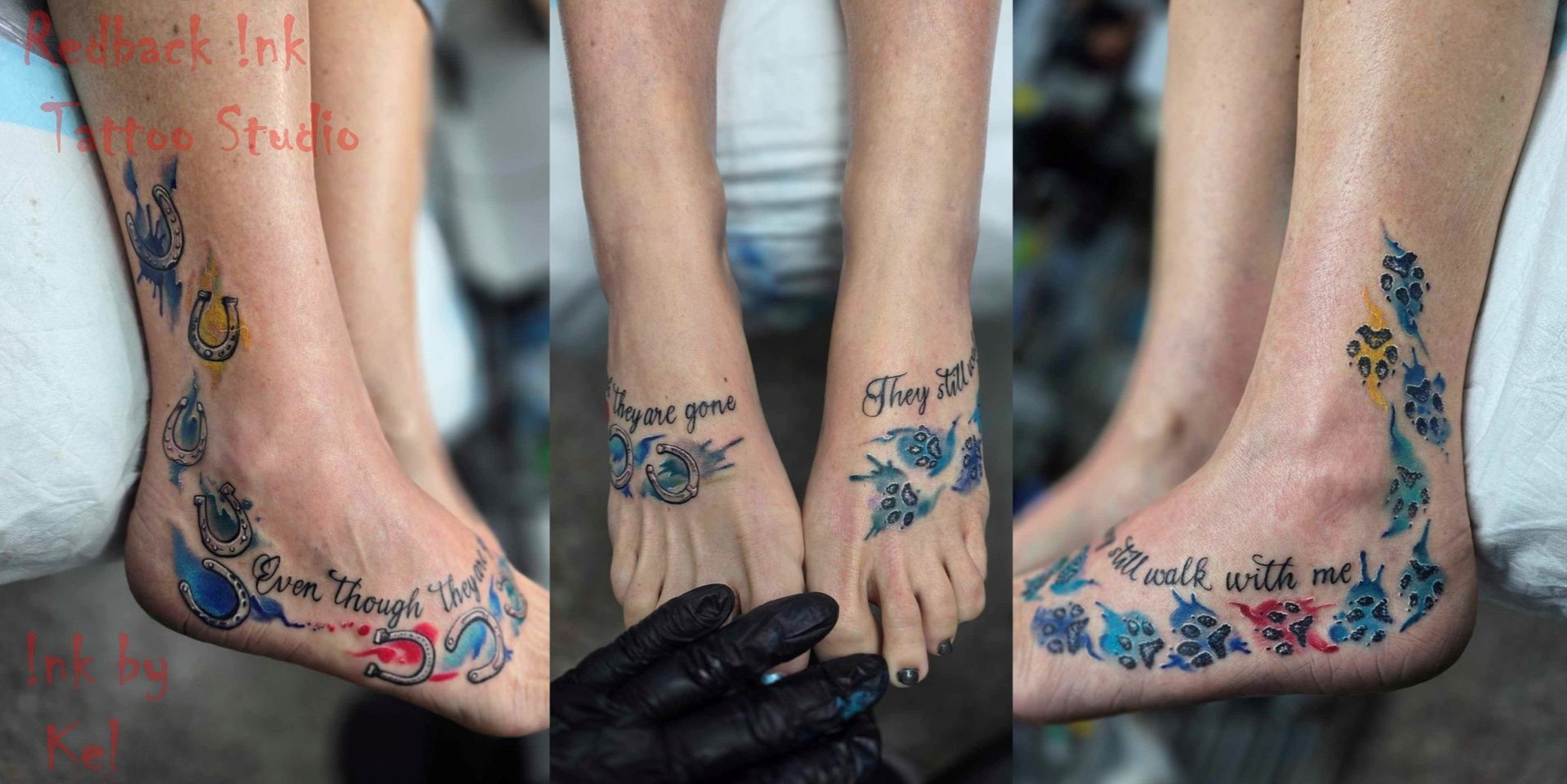 Tattoos on Feet and Ankles With Blue and Red Designs, Phrases and Floral Elements — Redback !nk Tattoo Studio in Kawana, QLD