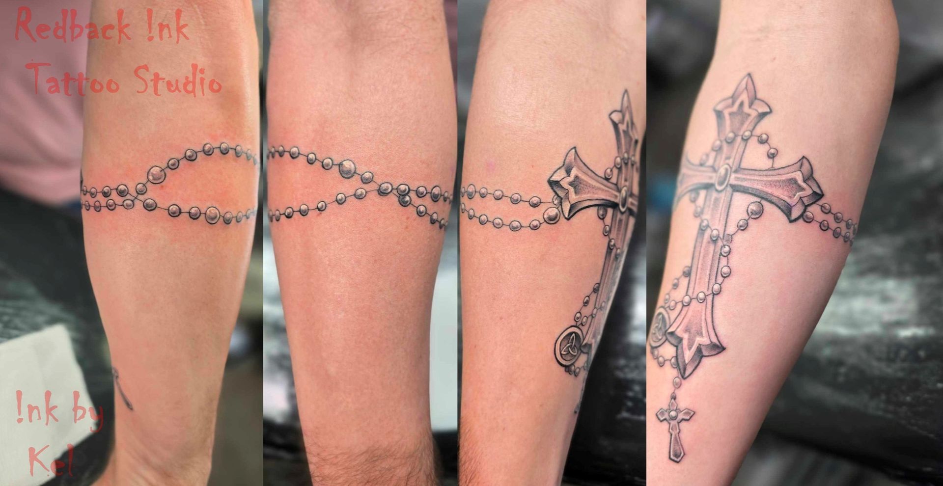 Four Forearm Tattoos of a Rosary Chain; Two With Just the Chain — Redback !nk Tattoo Studio in Kawana, QLD