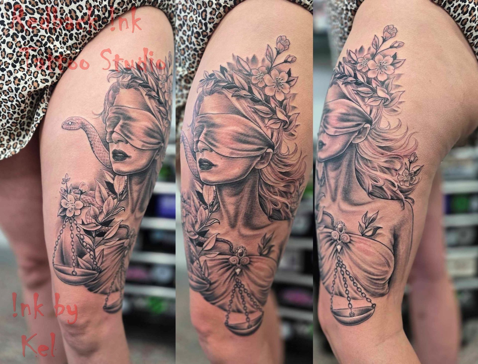 Tattoo of a Blindfolded Woman With Flowers — Redback !nk Tattoo Studio in Kawana, QLD