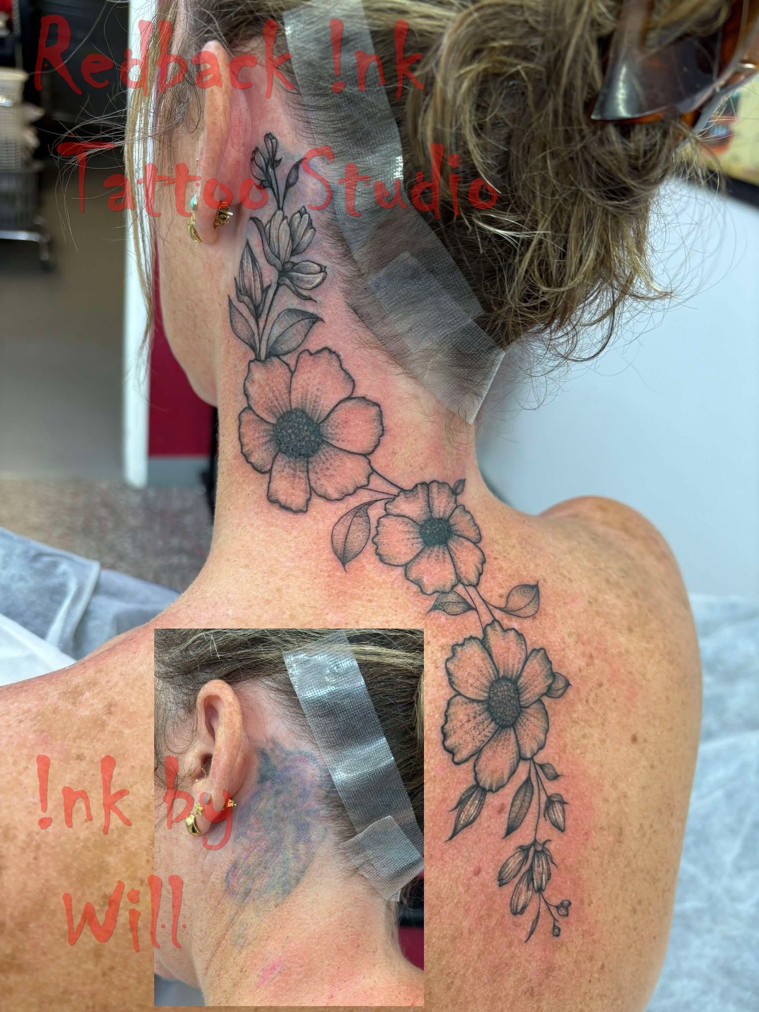 Woman's Neck and Upper Back Tattoo: Flowing Floral Vine in Black Ink — Redback !nk Tattoo Studio in Kawana, QLD