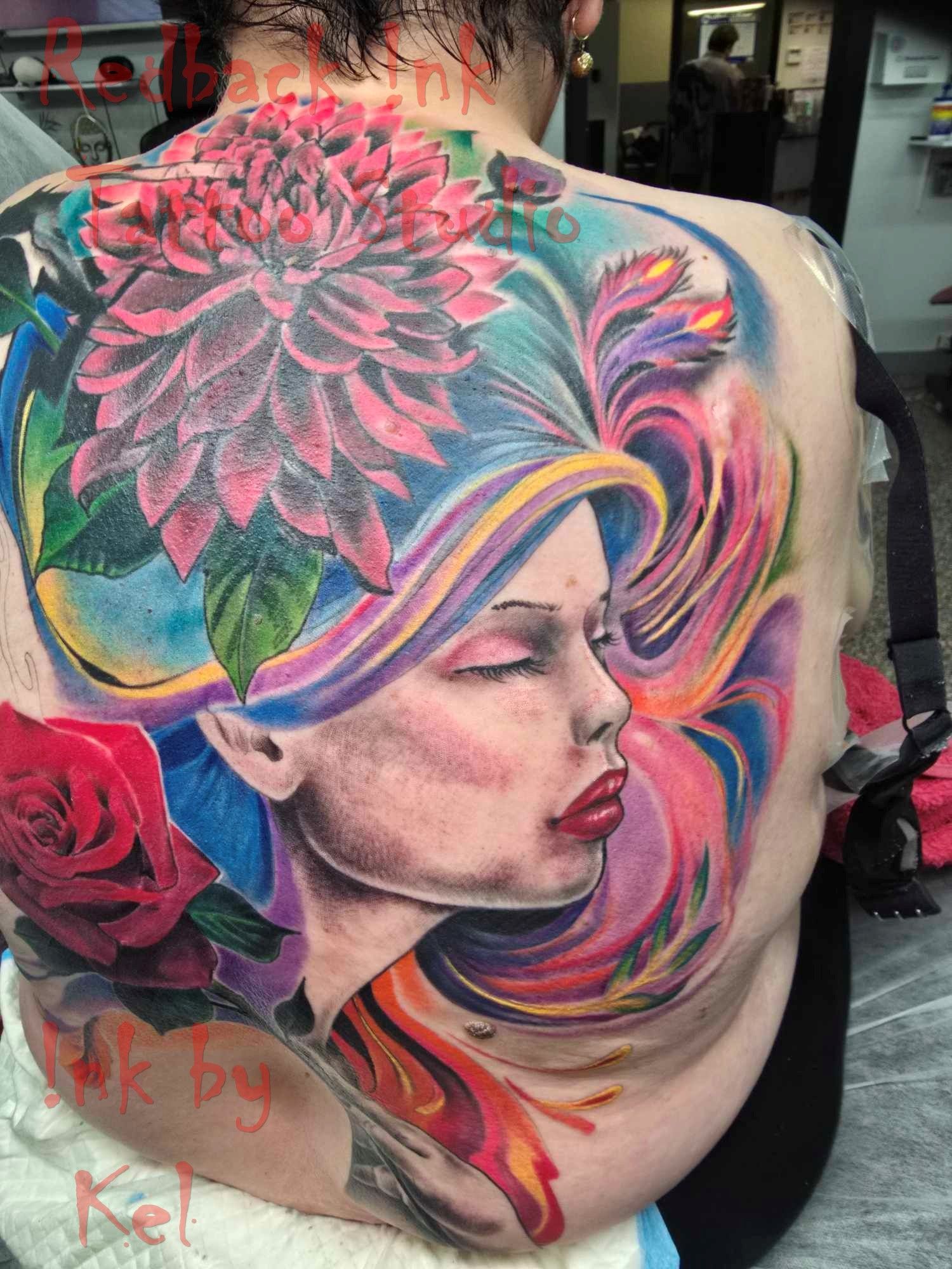 Woman's Back Tattoo: Colorful Portrait With Flower  — Redback !nk Tattoo Studio in Kawana, QLD