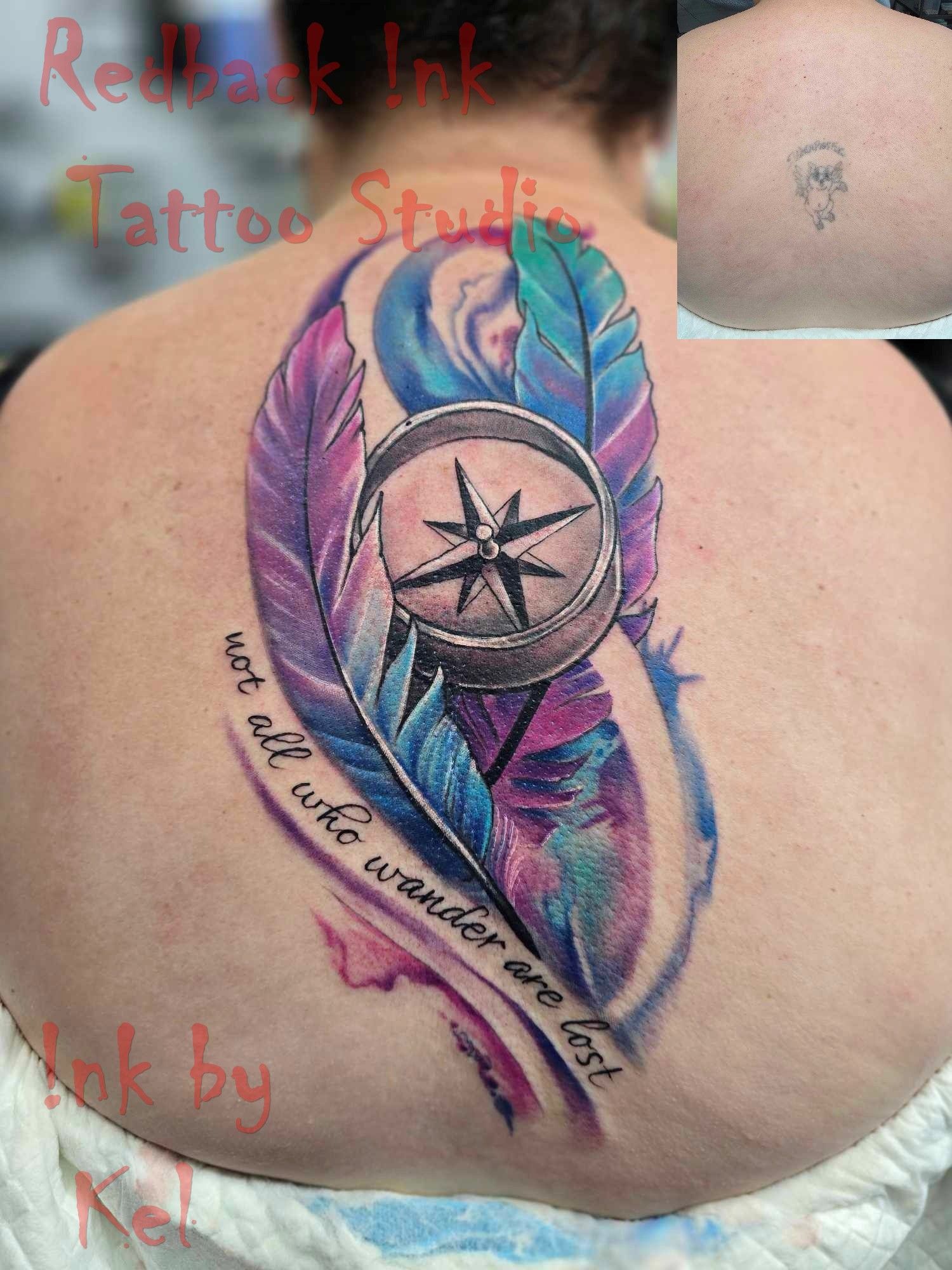 Tattoo of a Compass With Feathers and the Quote on a Back — Redback !nk Tattoo Studio in Kawana, QLD