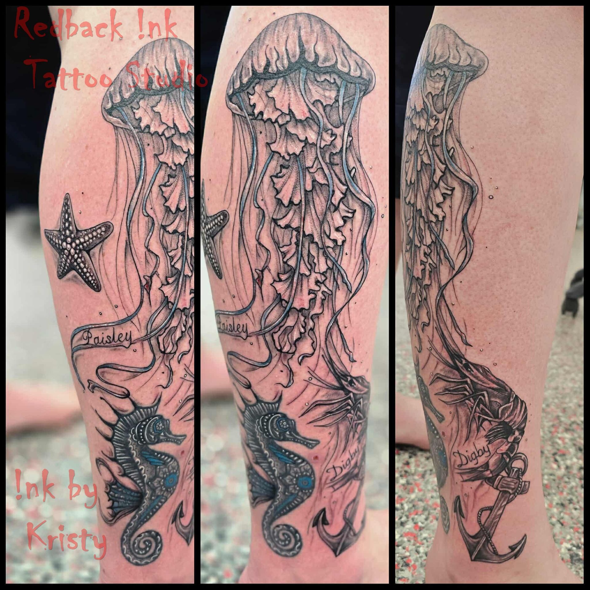 Black and white jellyfish tattoo on a forearm. Includes seahorse, starfish, and anchor details.