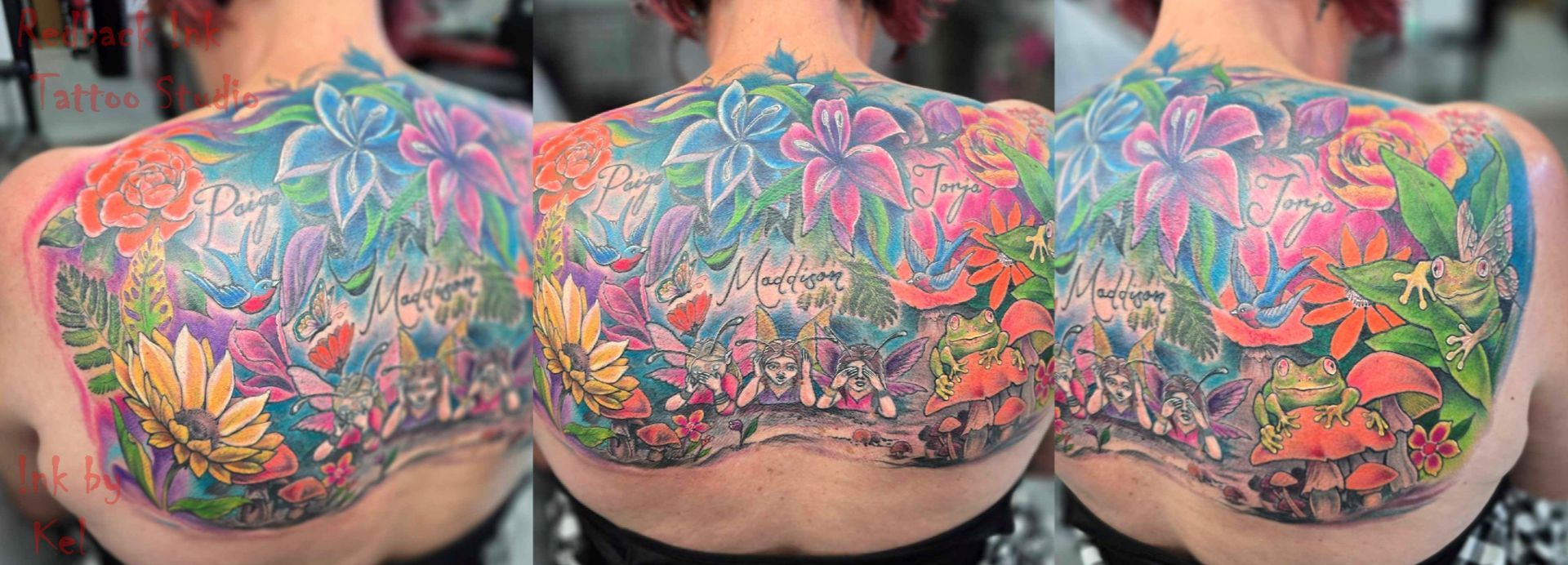 Three-panel view of colorful floral tattoo on a person's back; flowers include pink, orange, blue, and yellow. — Redback !nk Tattoo Studio in Kawana, QLD