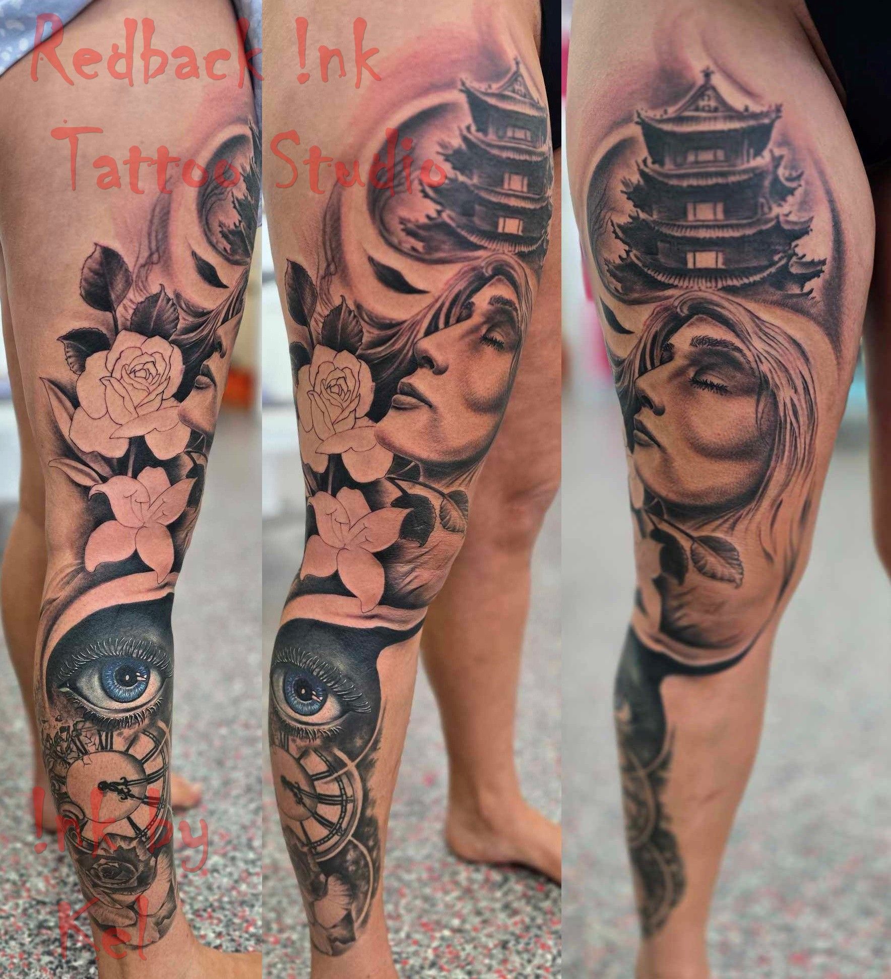 Tattoo of a leg with an eye, flowers, a woman's face, and a pagoda in black and gray. — Redback !nk Tattoo Studio in Kawana, QLD