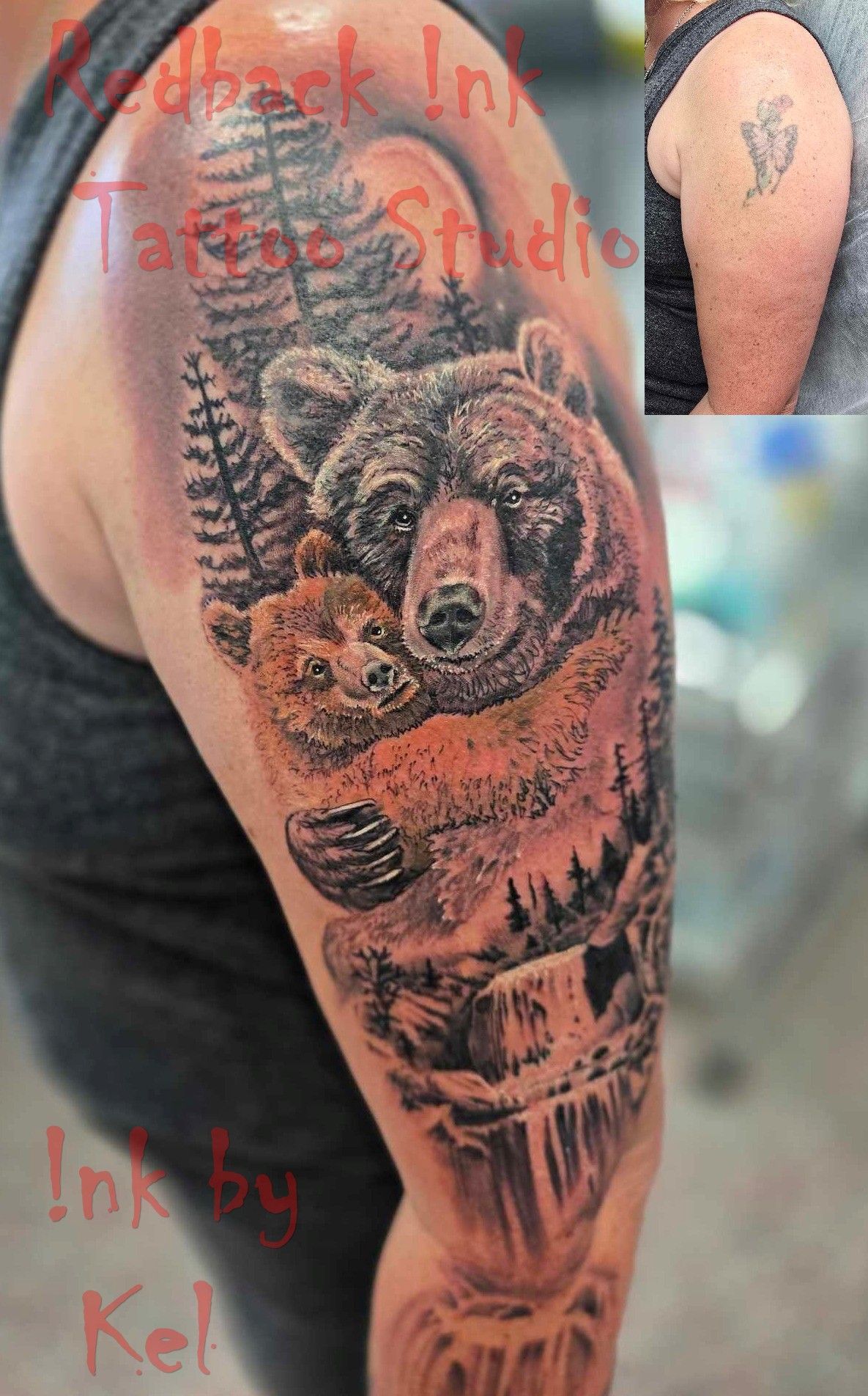 Tattoo of a bear and cub in a forest with a waterfall; arm. — Redback !nk Tattoo Studio in Kawana, QLD