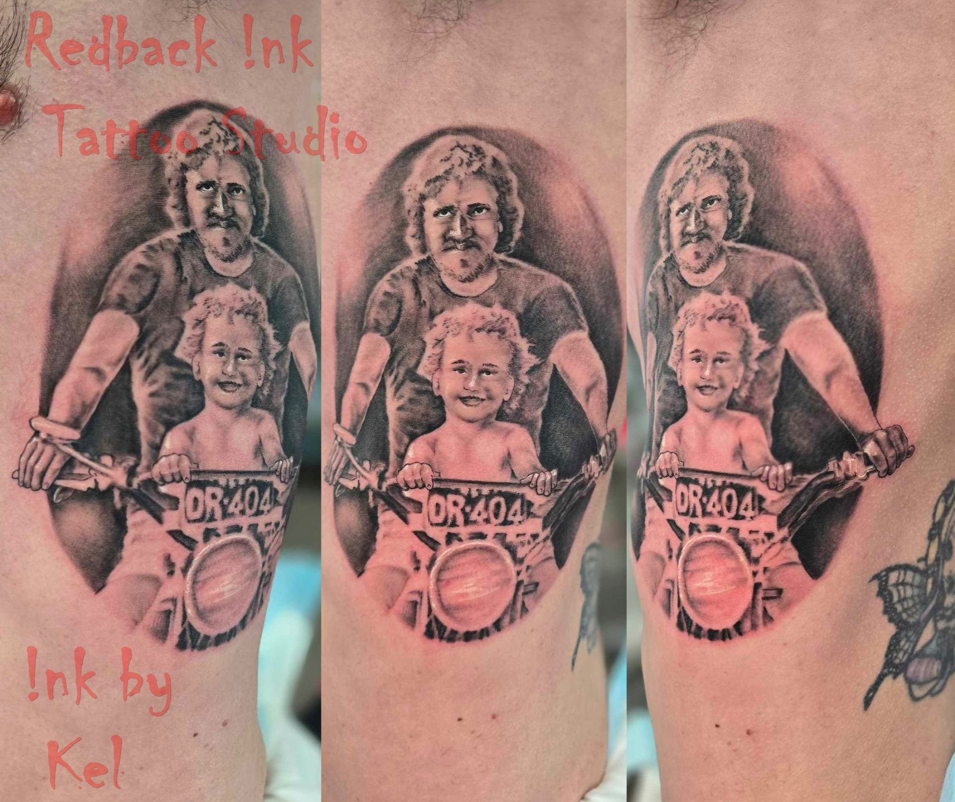 Tattoo of a man and child on a motorcycle. Black and grey ink, centered on the arm — Redback !nk Tattoo Studio in Kawana, QLD