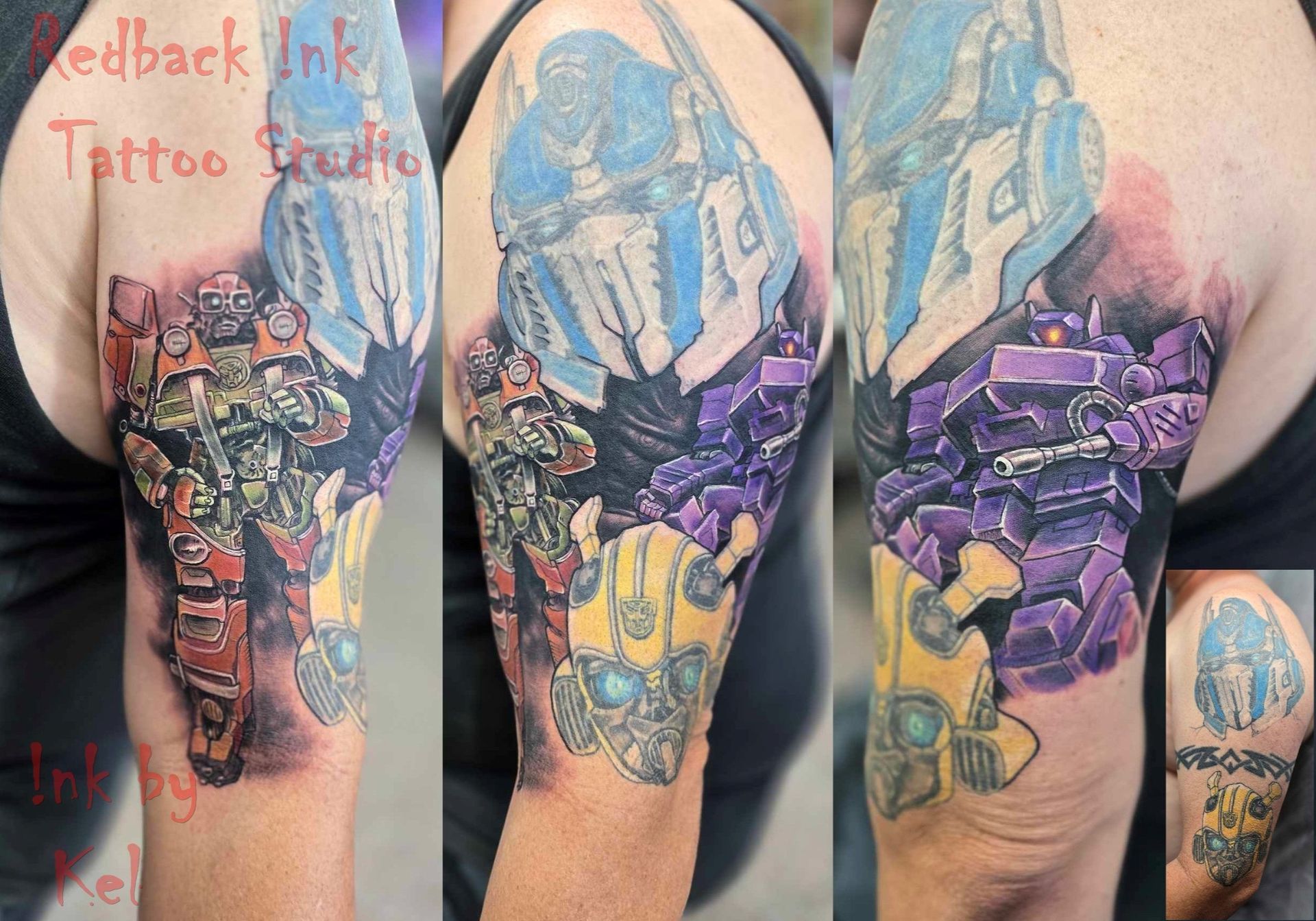 Tattoo sleeve featuring Transformers characters. Colorful robots with blue, red, yellow, and purple against skin.