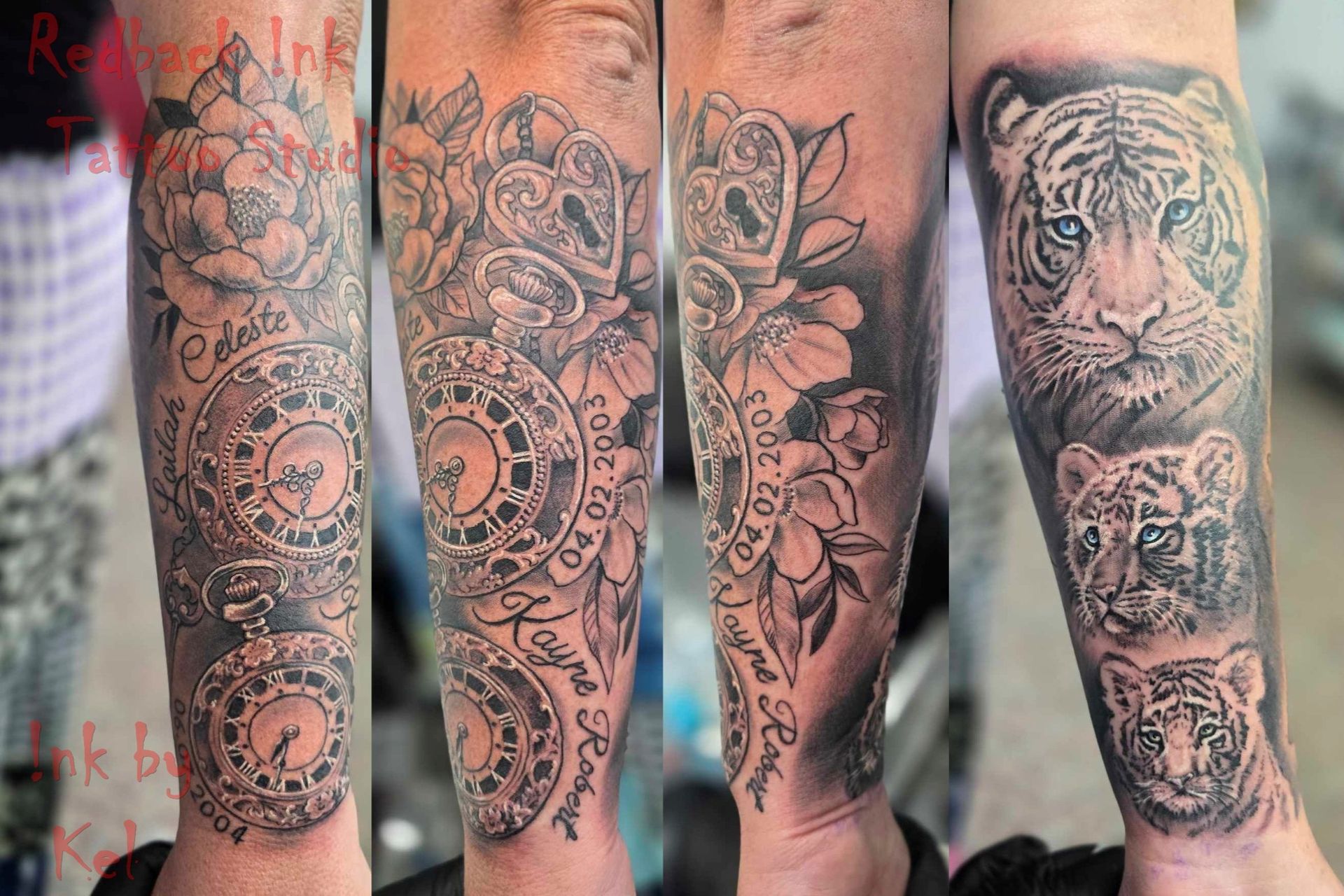 Four black and white tattoos on a forearm. Clock, floral, and tiger designs are visible. — Redback !nk Tattoo Studio in Kawana, QLD