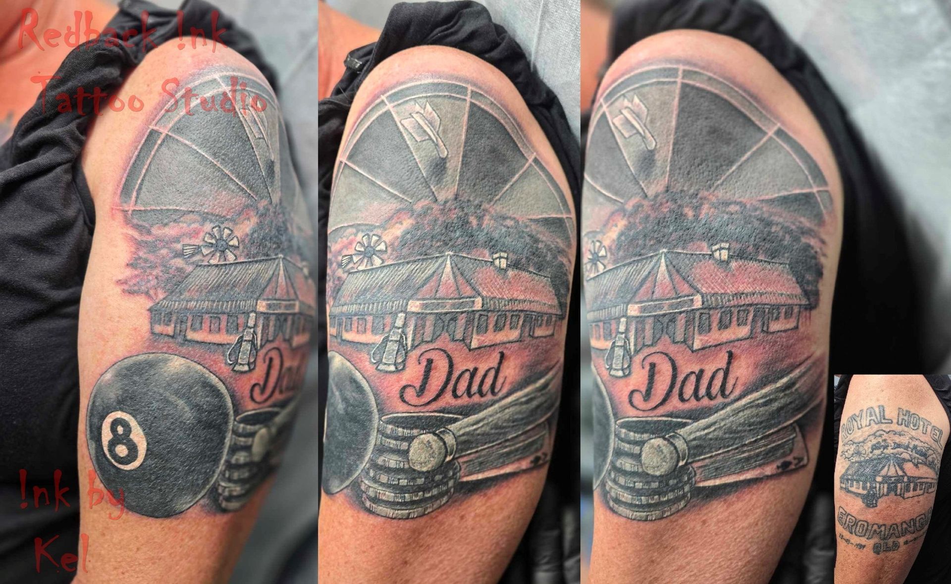 Tattoo of a building, Ferris wheel, pool ball and the word 