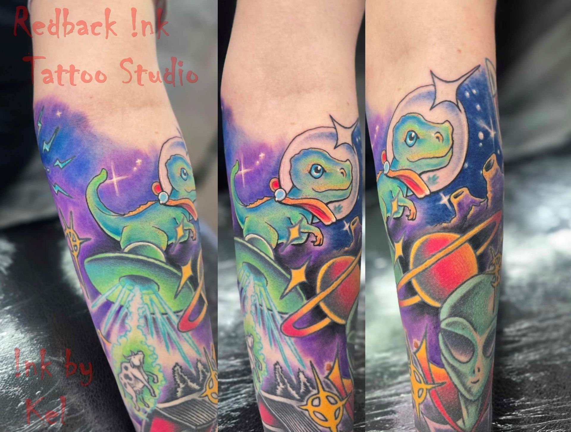 A colorful forearm tattoo of a dinosaur in a space helmet flying through space, with planets and an alien.