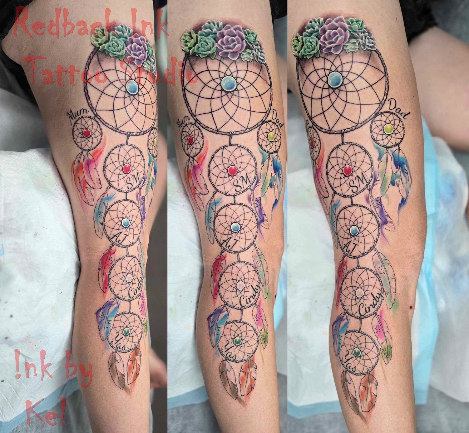 Dreamcatcher tattoo on a leg, with watercolor accents and a floral crown.