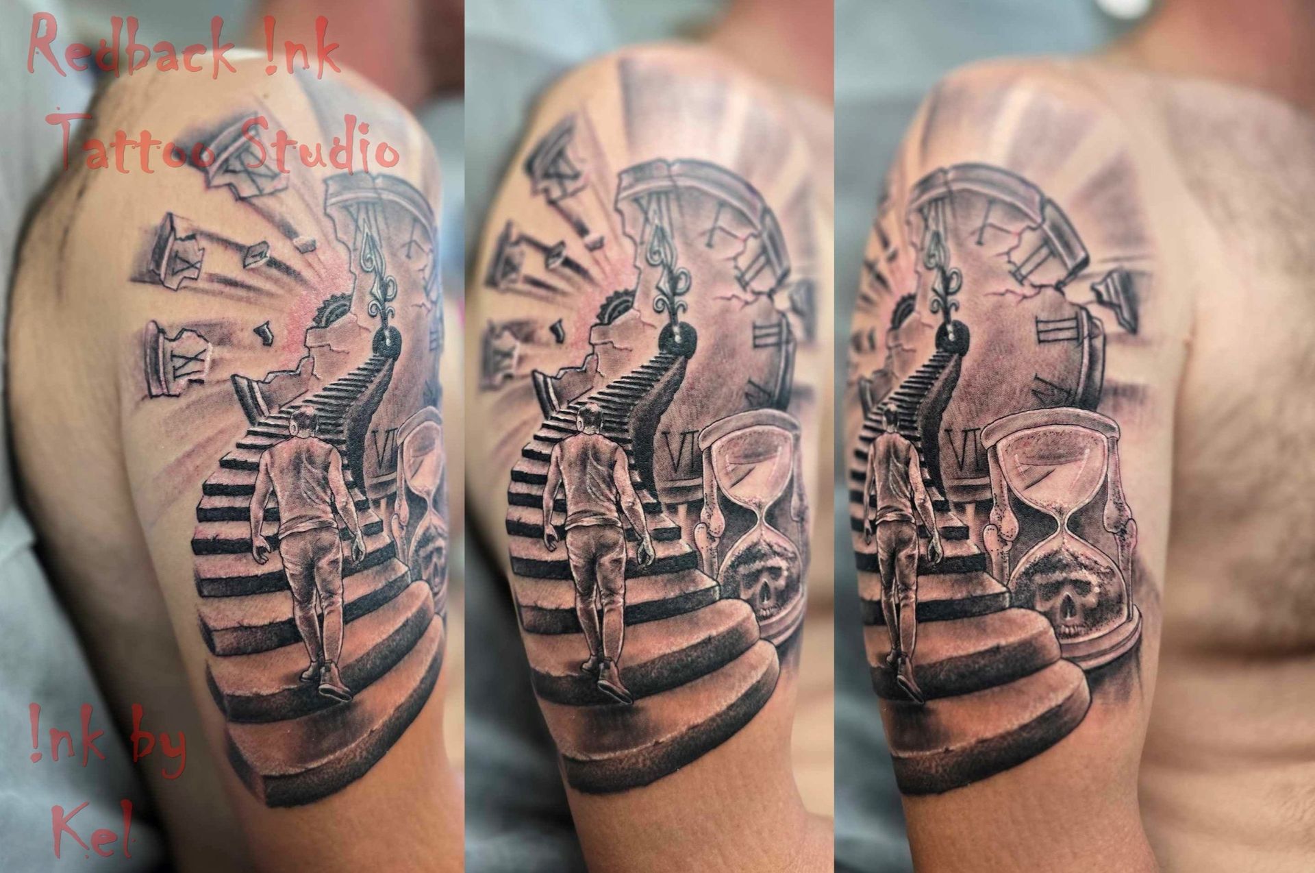 Tattoo of an Egyptian pharaoh's head, clock, and hourglass on a man's upper arm. Black and white.