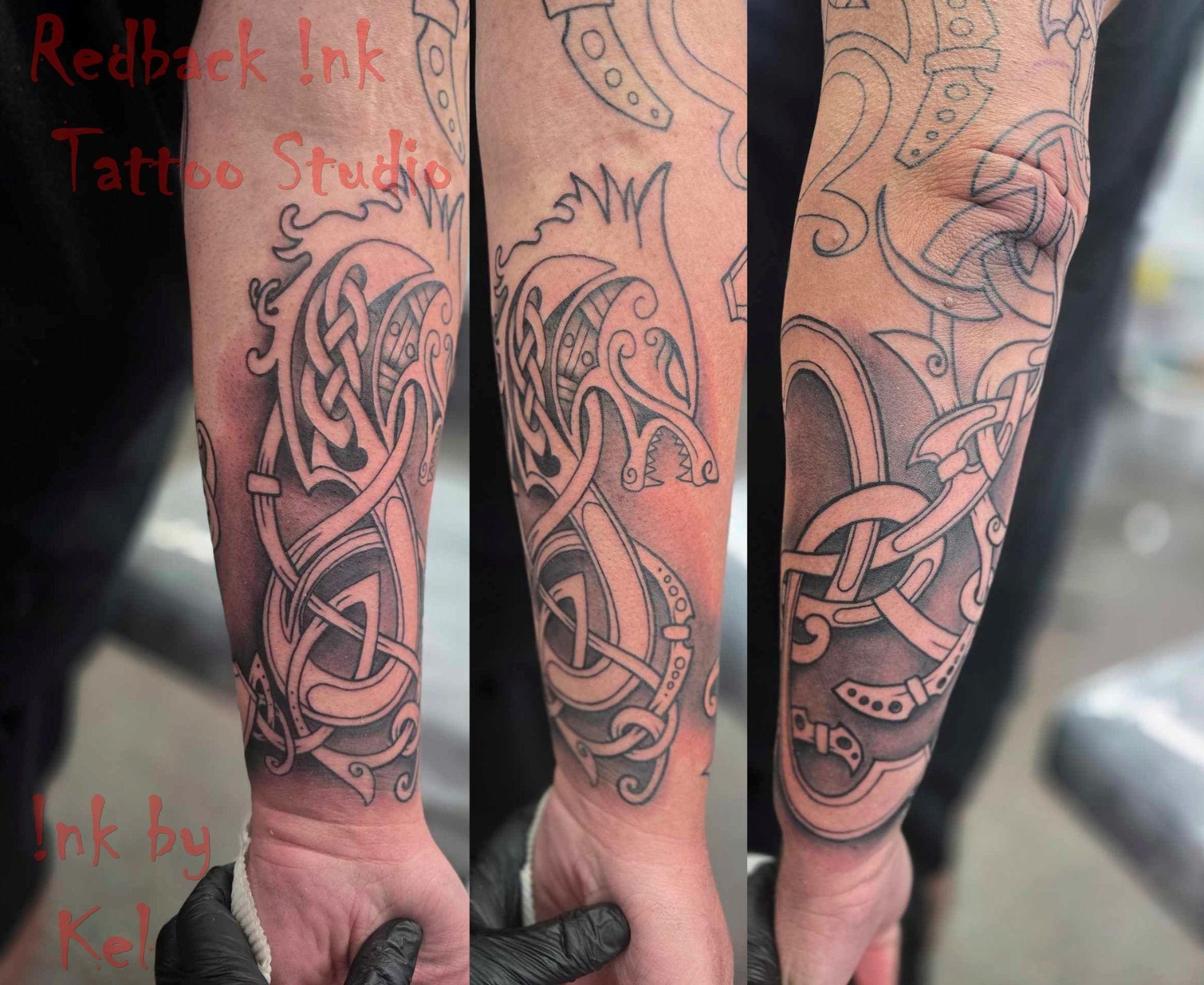 Three stages of a gray ink Celtic tattoo on an arm.