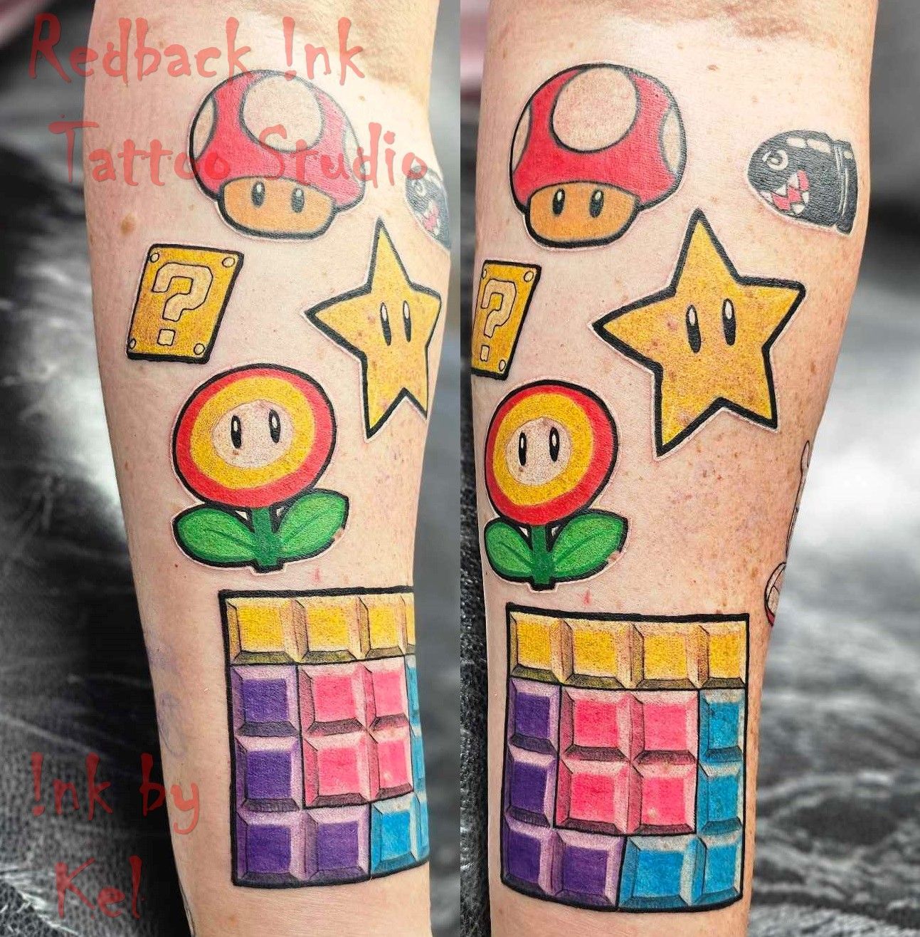 Mario-themed tattoo on an arm, featuring a mushroom, star, flower, and block with colorful details.