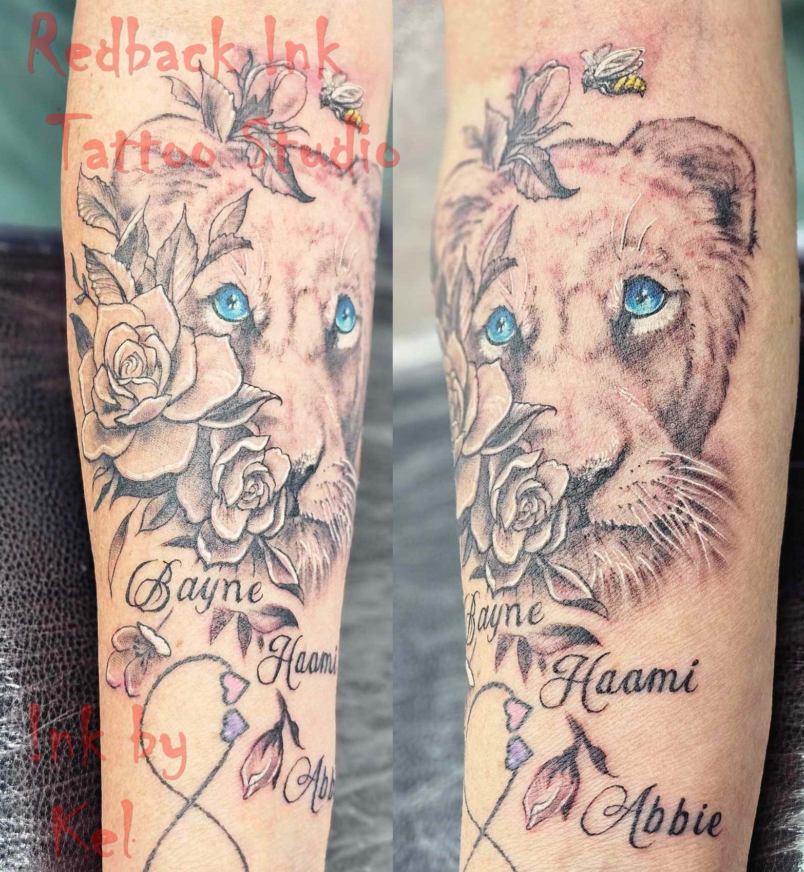 Tattoo of a lioness with flowers, blue eyes, and names 