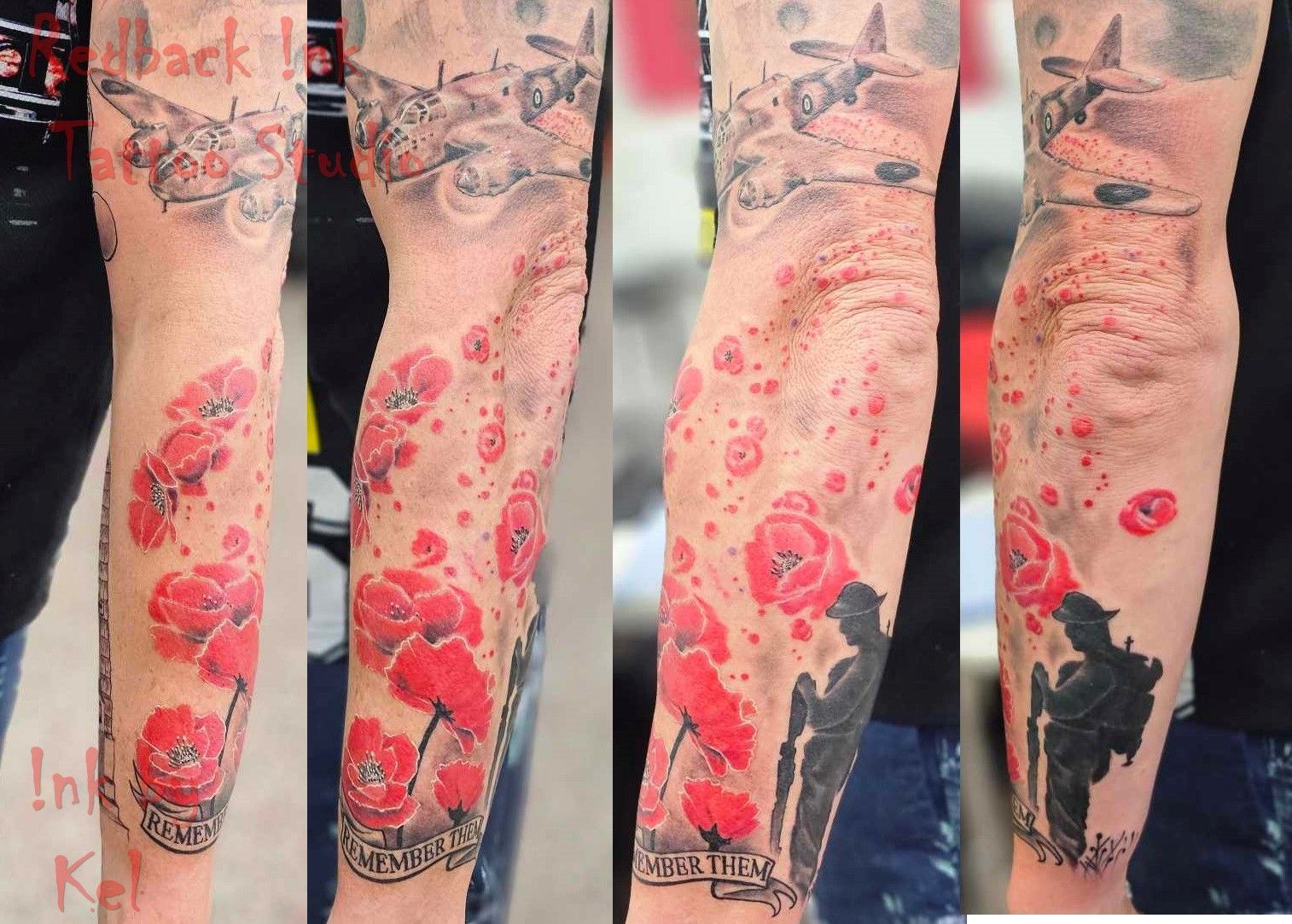 Tattoo sleeve: Red poppies, black silhouettes, military aircraft, text on forearm.