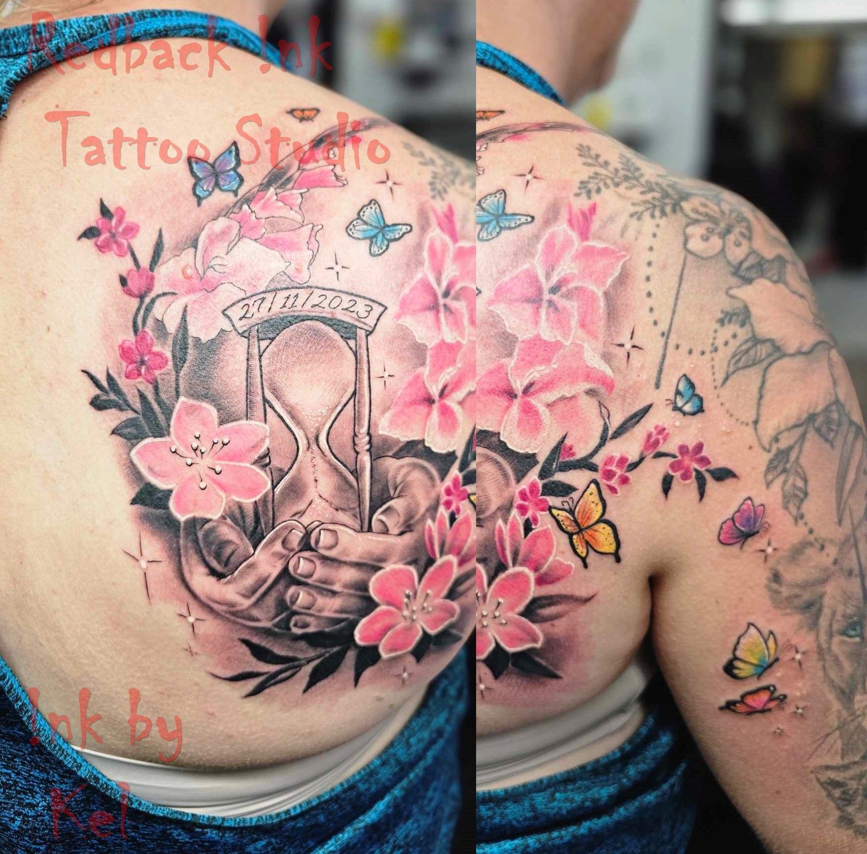 Tattoo of hands holding an hourglass surrounded by pink flowers, butterflies, and a date on a woman's back.