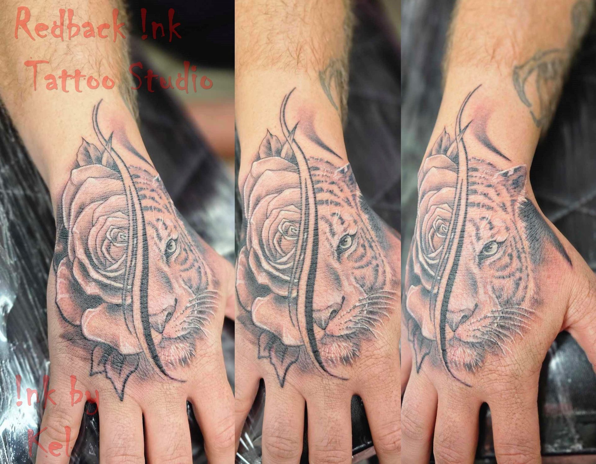 A detailed black and grey tattoo on a hand, split between a rose and a tiger face.