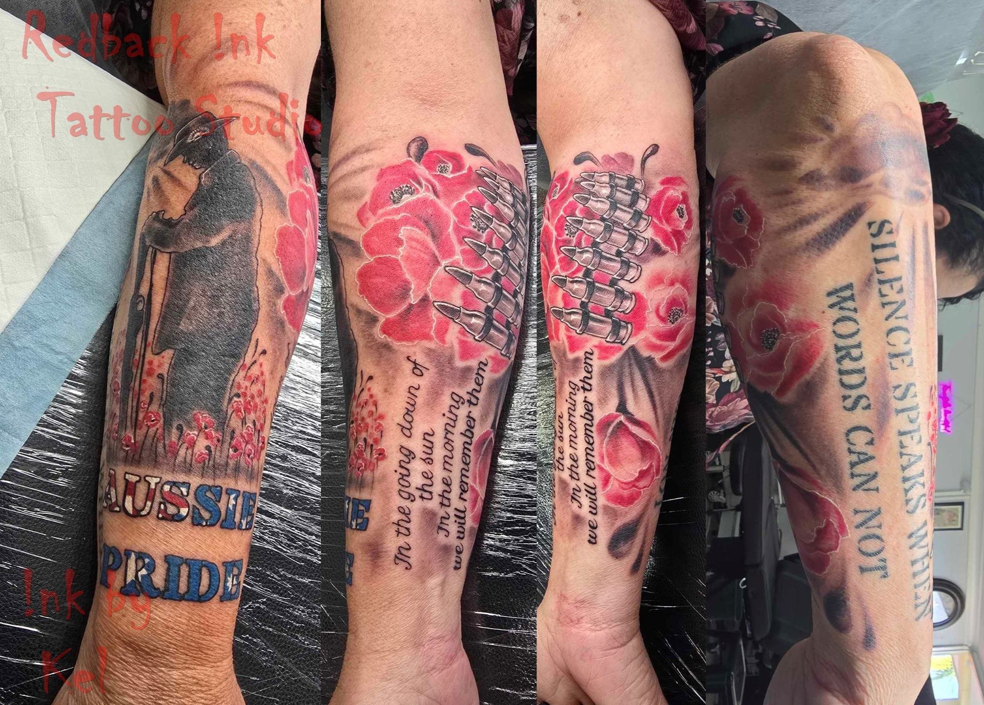 Four forearm tattoos: a person with a memorial, flowers, and text about silence and memory; red, black, and white. — Redback !nk Tattoo Studio in Kawana, QLD