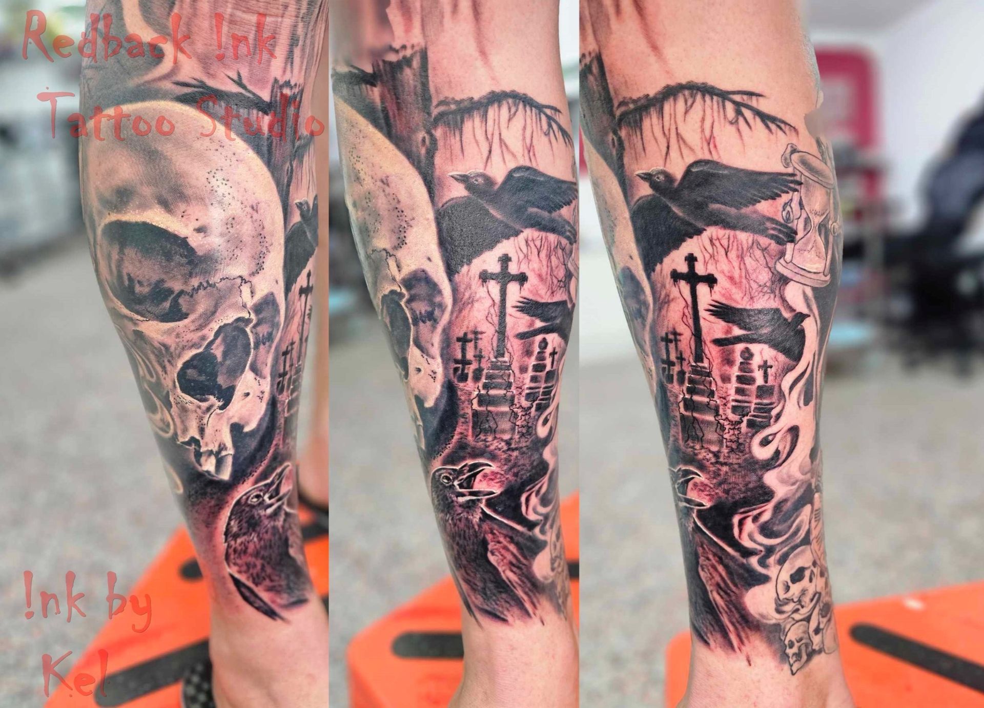 Tattoo of skull, graveyard, ravens, and crosses on arm in black, grey, and red ink.