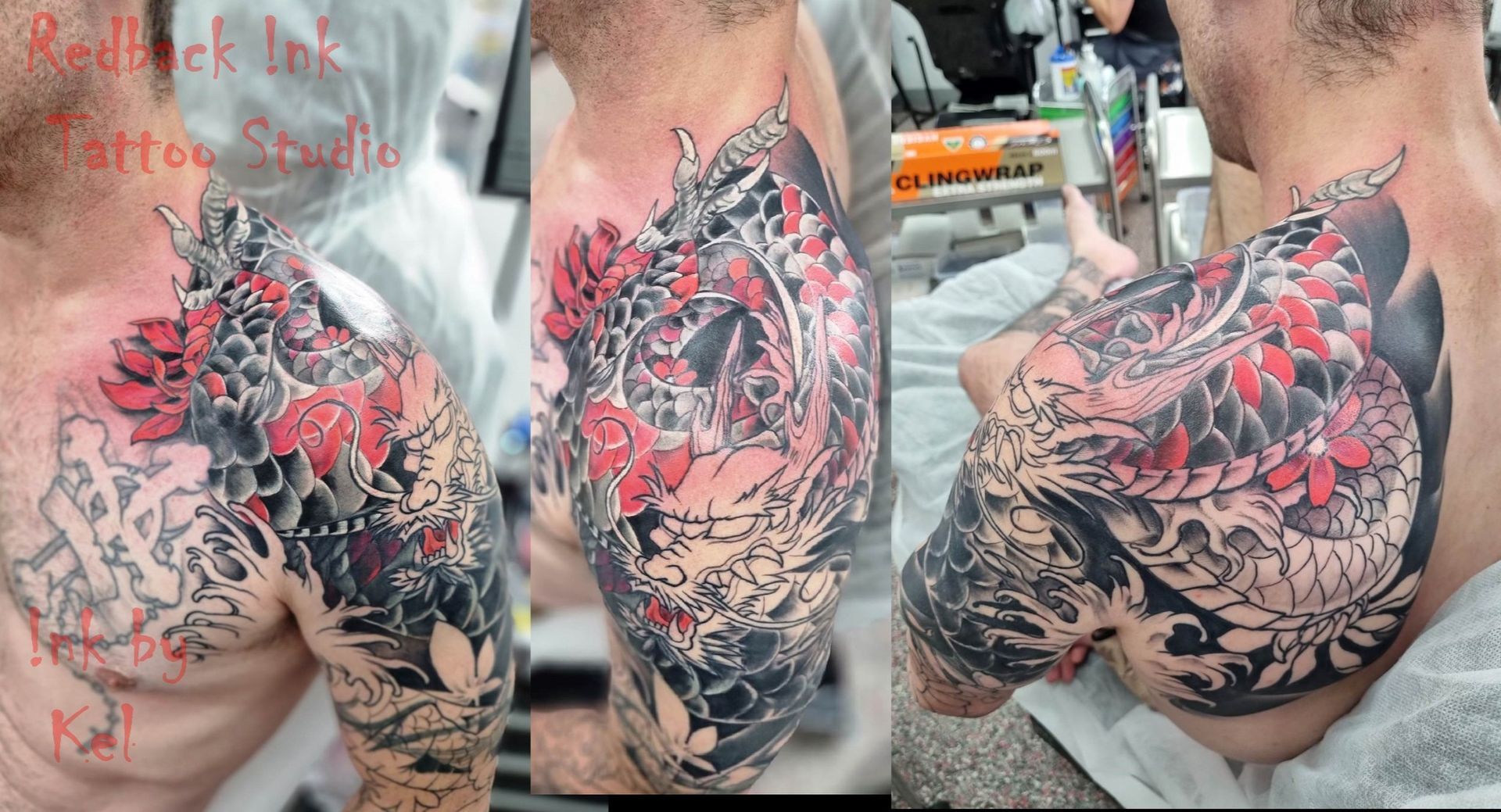 Tattoo in progress: Colorful floral and dragon design on a man's shoulder and arm. Red, black, gray, and white colors.