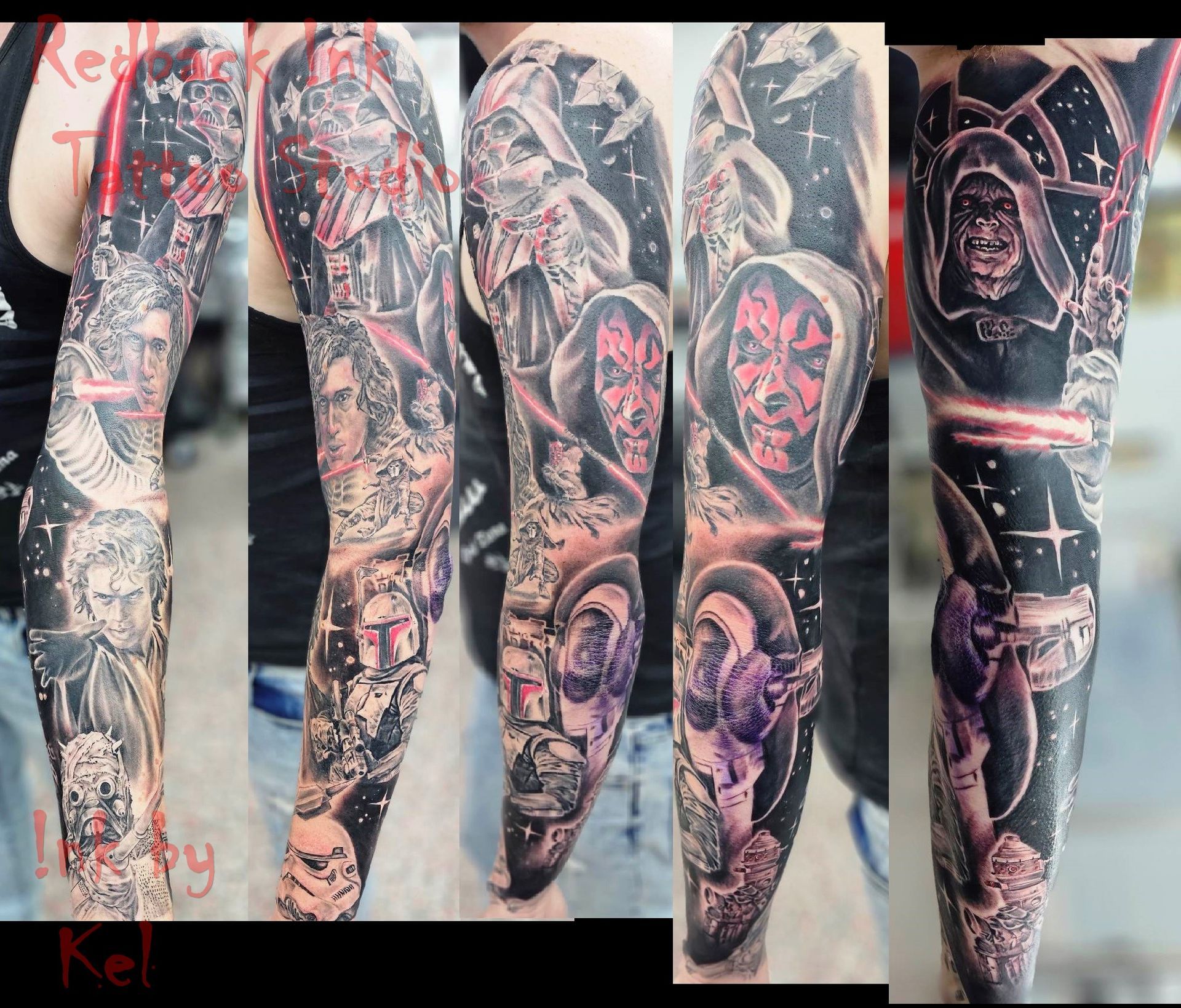 Star Wars themed full sleeve tattoo featuring Darth Maul, Darth Vader, Emperor Palpatine, and other characters.