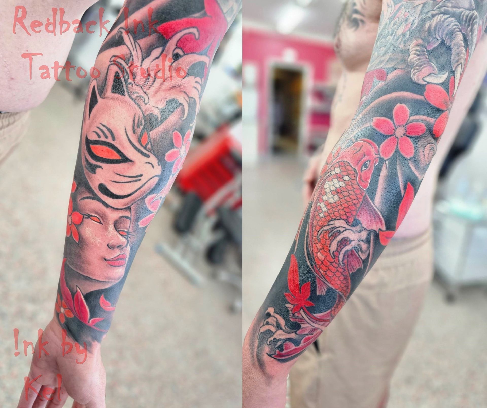 Tattoo sleeve with a Kitsune mask, face, koi fish, and cherry blossoms in red, black, and grey.